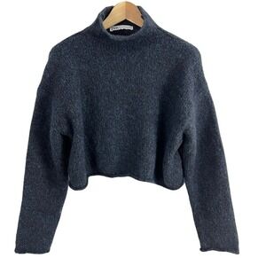 Zara Knit Crop Sweater Blue Women Size Small Boxy Oversized Wool Alpaca Blend
